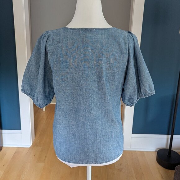 J. Crew Factory Women's Chambray V-Neck Puff Sleeves Top Blue Boho Shirt - Picture 6 of 9